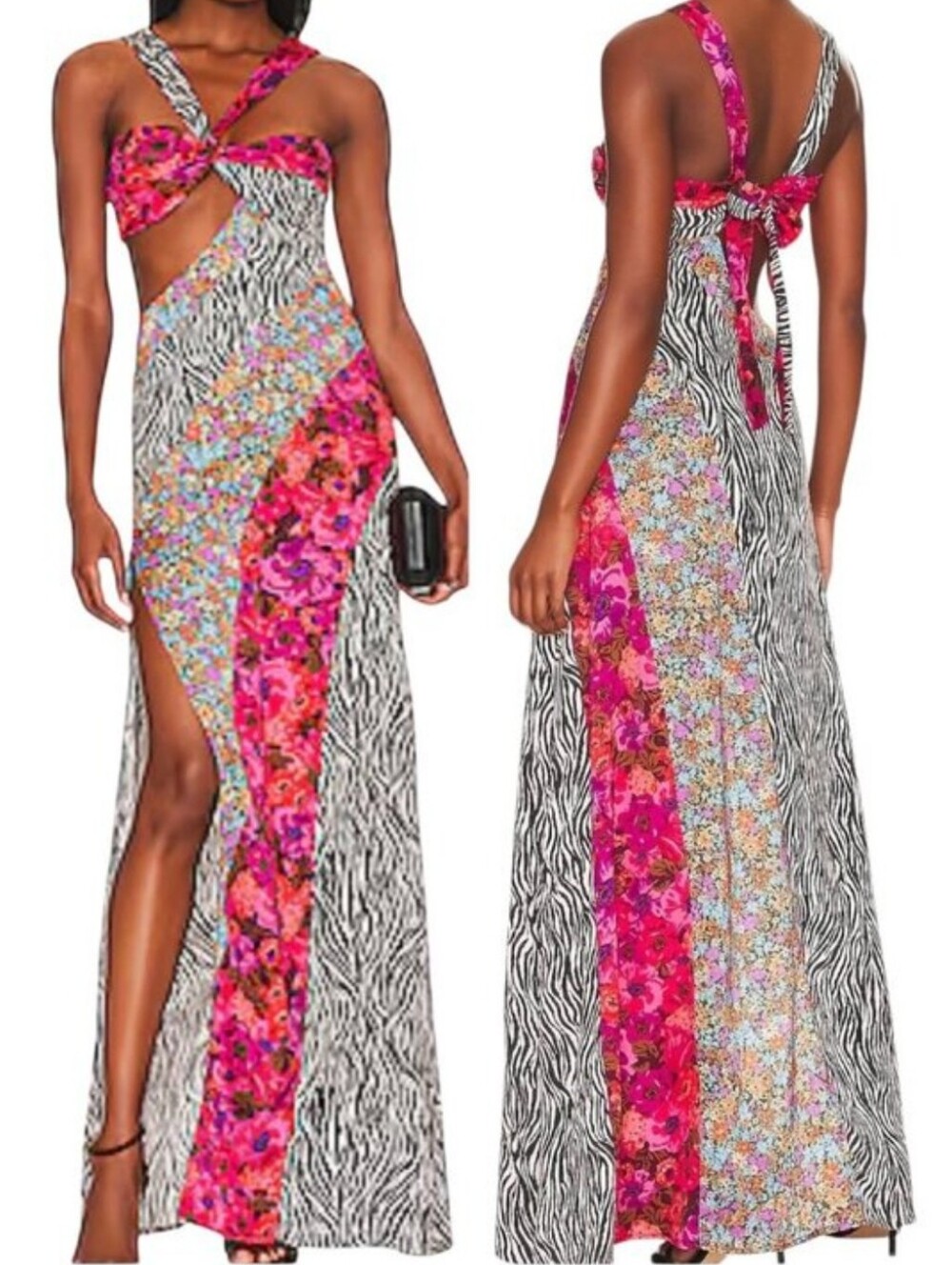 NWT For Love & Lemons Rita Cut Out Patchwork Maxi Dress Size XS Satin Side Slit